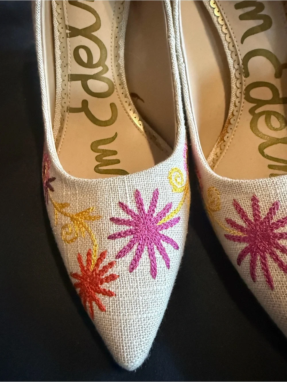 Sam Edelman Cream Pointed-Toe Heels with Pink & Orange Floral Embroidery